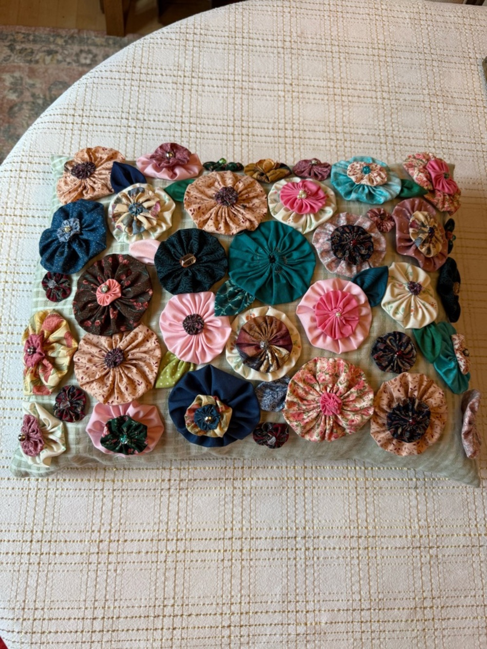 Vintage fabric yo-yo throw pillow